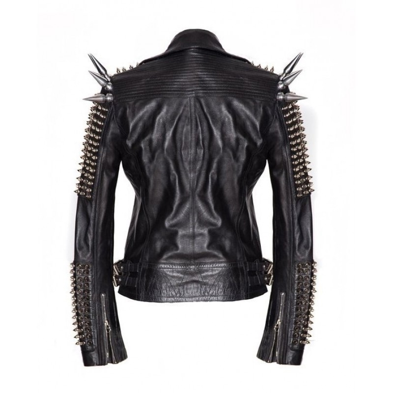 Women Silver Studded Long Spiked Handmade Jacket Men Leather Black Spice Rock Punk Style Jacket 